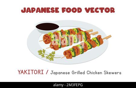 Yakitori giapponese - spiedini di pollo alla griglia giapponesi disegno vettoriale piatto, stile cartoon clipart. Cibo asiatico. Cucina giapponese Illustrazione Vettoriale