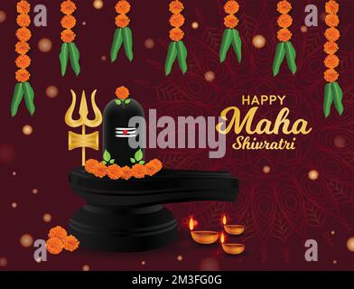 Poster Happy Maha Shivratri. Biglietto di auguri per il tradizionale festival indù con shivling, trishul, foglia di bilva e fiori. Post sui social media Design art Illustrazione Vettoriale