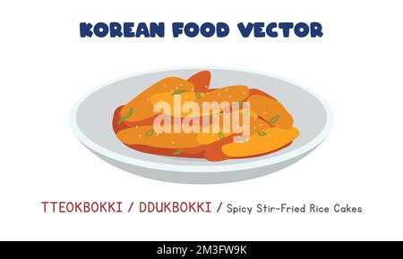 Coreano Tteokbokki o Ddukbokki - piccante Stir-fritto torta di riso piatto disegno vettoriale illustrazione, clipart stile cartone animato. Cibo asiatico. Cucina coreana Illustrazione Vettoriale