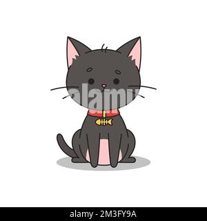 Carino gatto nero felice in un collare rosso con un medaglione d'oro in forma di pesce. Gatto in stile kawaii. Illustrazione vettoriale disegnata a mano. Illustrazione Vettoriale