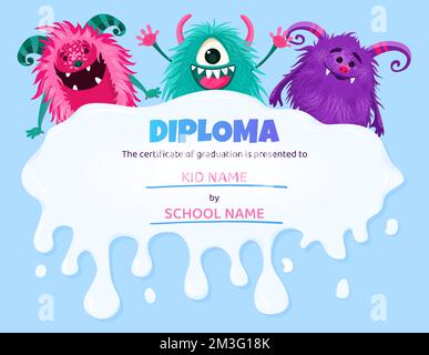 Diploma di ragazzi con simpatici personaggi divertenti mostro. Illustrazione Vettoriale