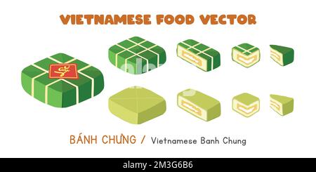 Set di intero, mezzo, un quarto, sezioni tagliate di vietnamita Banh Chung disegno vettoriale illustrazione, clipart stile cartone animato. Cibo asiatico. Cucina vietnamita Illustrazione Vettoriale
