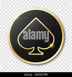Poker chip in nero con bordo dorato su uno sfondo trasparente con una tuta di spade. Segno di picche. Illustrazione Vettoriale