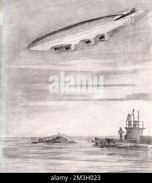 Un sommergibile britannico che bluffa un dirigibile tedesco dopo il RAID aereo di Cuxhaven - una barca 'e' che finge di essere una nave nemica mentre raccoglie uno dei piloti navali di idrovolante e affonda la sua macchina. Illustrazione di 1915. Foto Stock
