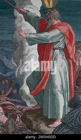Vecchio Testamento. Mosè chiudendo il mare e annegando l'esercito egiziano che persegue nel Mar Rosso. Esodo Foto Stock