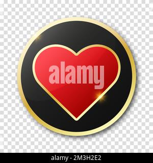 Poker chip in nero con bordo dorato su uno sfondo trasparente con un vestito di cuore. Cuori segno. Illustrazione Vettoriale
