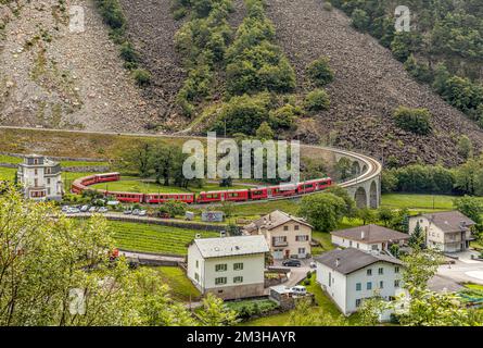 Treno Bernina Express a Brusio Spiral Viadotto, Valposchiavo, Svizzera Foto Stock