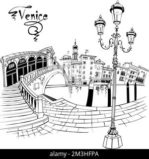 Vettore tipico vialetto veneziano e Ponte di Rialto sul Canal Grande a Venezia. Bianco e nero Illustrazione Vettoriale