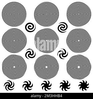 Set di nove modelli di ripetizione spirali. Illustrazione vettoriale Foto Stock