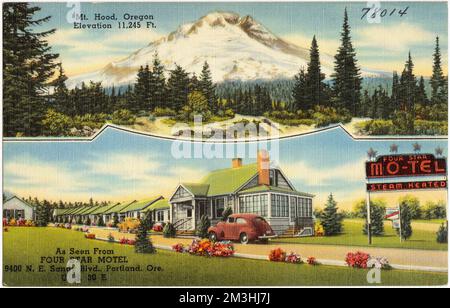 Mt. Hood, Oregon, altitudine 11.245 metri, come si vede da Four Star Motel, 9400 N. E. Sandy Blvd., Portland, Ore., US 30 E., Motels, Tichnor Brothers Collection, cartoline degli Stati Uniti Foto Stock