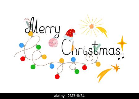 Allegro banner accordo di Natale con ghirlanda festosa, stella da tiro, canna da zucchero, abete ramo vettore illustrazione, festa celebrazione semplice decorazione cartone animato, clipart Illustrazione Vettoriale