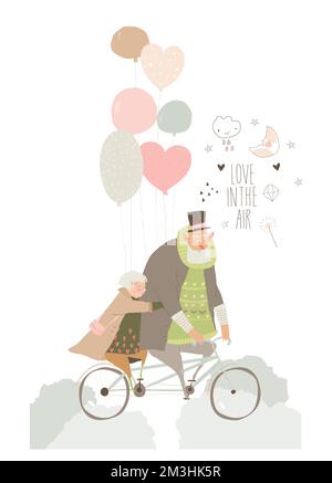 Coppia anziana in bicicletta insieme. La vecchia signora si siede sul retro del ciclo. Nonno ruote nonna in bicicletta. San Valentino Illustrazione Vettoriale