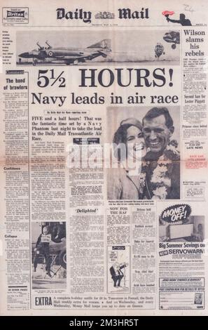 Prima pagina del Daily Mail (5th maggio 1969) quando la Royal Navy ha ridotto il record della Transatlantic Air Race a 5,5 ore. Foto Stock