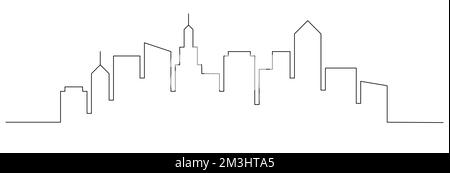 Edificio cittadino di linea continua. Una costruzione continua di un paesaggio urbano a profilo singolo. Sfondo di costruzione del tratto modificabile. Illustrazione vettoriale. Illustrazione Vettoriale