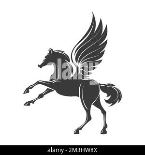 Monocromatico emblema di esecuzione Pegasus isolato su bianco. Illustrazione vettoriale. Illustrazione Vettoriale