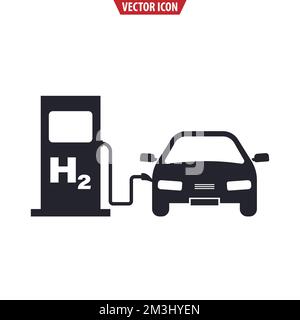 Stazione di rifornimento a idrogeno ecologica, pompa di alimentazione e auto. Icona vettore isolato Illustrazione Vettoriale