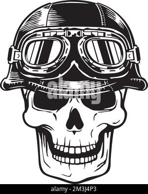 Cranio motociclista con casco e Googles. Moto icona Vintage. Design retrò di vecchio stile. Illustrazione vettoriale. Illustrazione Vettoriale