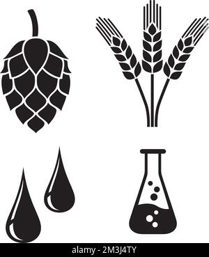Icone degli ingredienti di estrazione. Luppolo, Barley, acqua. Bianco e nero. Illustrazione vettoriale. Illustrazione Vettoriale