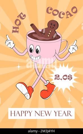 Vettore banner di Natale groovy. Tazza di caffè Hippster. Tazza calda pazza, divertente, capuchinno cocao di Capodanno. Illustrazione Vettoriale