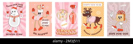 Vettore insieme banner di Natale groovy. Orso bianco Hippster, cervo, regalo. Calzini pazzi e divertenti, Illustrazione Vettoriale