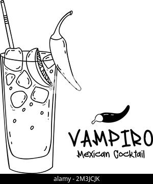 Cocktail messicano Vampiro. Bevanda alcolica con tequila, cubetti di ghiaccio, pezzi di lime e peperoncino. Disegno a mano lineare vettoriale in stile doodle. Latino Illustrazione Vettoriale