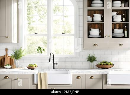 Cucina moderna e luminosa in stile shaker con lavello Belfast Foto Stock