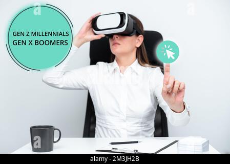 Cartello di testo che mostra i Millennial Gen X Boomers della generazione Z. Differenze concettuali di generazione fotografica giovani anziani Foto Stock