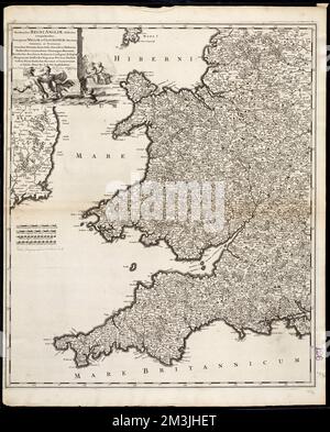 Occidentalior Regni Angliae districtus caphendens principatum Waliae et Glocestriae ducatum comitatus et provincias Cornubiae, Devoniae, Somersethi, Dorcestriae, Waltoniae, Penbrochiae, Carmardeniae, Glamorgano, Monumeti, Herefordiae, Brechiniae, Radnoriae, Cardigani, Salopiae, Mongomeriae, Staffordiae, Wigorniae, Warwici, Darbiae, Cestriae, Flinti, Denbichiae, Merviniae, et Carnarvaniae, et insulae Monae , Inghilterra, Mappe, prime opere del 1800, Galles, Mappe, prime opere del 1800 Norman B. Leventhal Map Center Collection Foto Stock