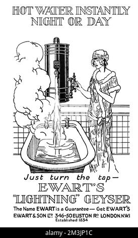 Pubblicità per Ewart's Geyser Hot Water 1925 Foto Stock