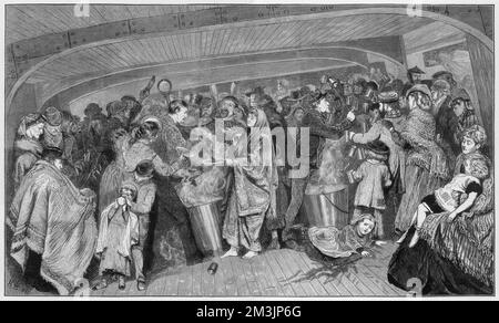 Il caos si crea tra i ponti su una nave emigrante durante il tempo di alimentazione, mentre i passeggeri scherzano e spingono mentre il cibo viene versato sui piatti. 1872 Foto Stock