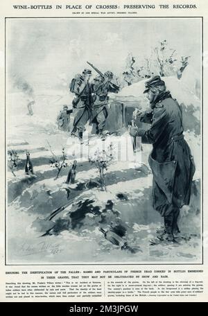 Mostrando ai soldati francesi che marchiano le tombe dei loro compagni caduti con bottiglie di vino piene di nomi e particolari. 1915 Foto Stock