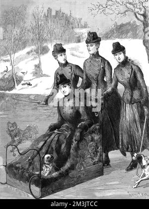 Alexandra, Principessa del Galles, slittando sul lago a Sandringham in Norfolk con le sue figlie, Maud, Louise e Victoria. Foto Stock