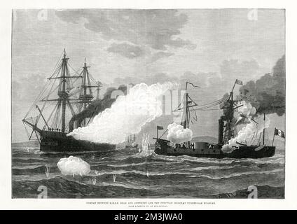 La battaglia tra HMS 'Shah' e 'Ametista' e la nave-torretta peruviana Ironclad 'Huascar' il 29th maggio 1877. La 'Huascar' era stata rilevata da alcuni rivoluzionari peruviani e dichiarata 'pirata' dal governo peruviano. Gli Shah e Amethyst furono ordinati per proteggere British Merchant Shipping e dopo che la Huascar aveva fermato diverse navi mercantili britanniche, la Royal Navy decise di cacciare la Huascar. Nell'azione raffigurata, i 70 cannoni delle navi britanniche non sono stati in grado di fare molti danni alla 'Huascar' come lei era un pesante ferro-clad costruito. In retur Foto Stock