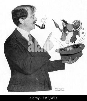 William Heath Robinson con un personaggio creato da lui. Foto Stock