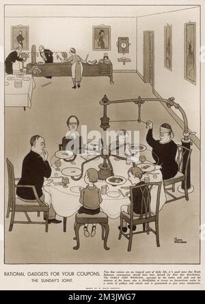 Parte di una serie di illustrazioni umoranti che ha prodotto per lo schizzo durante la seconda guerra mondiale La scena mostra una famiglia seduta ad un tavolo da pranzo per il pranzo di domenica solo per essere di fronte ad una macchina circolare. Data: 1940 Foto Stock