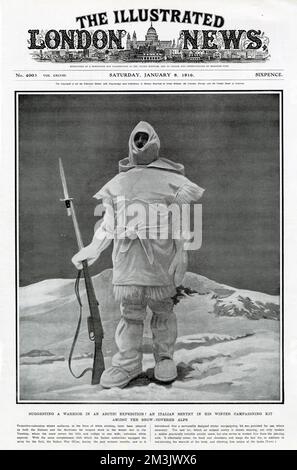 Soldato italiano con camoflague bianco, per azione nella neve delle Alpi italiane, uniforme di protezione invernale. Questa uniforme protegge tutte le parti del corpo, compresi i piedi, ed è stata rilasciata anche alle forze austriache. Foto Stock