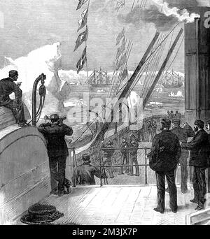 HMS 'Alert' e HMS 'Discovery' (entrambi in background) separano la società con HMS 'valorous' (in primo piano) all'inizio della spedizione artica britannica del 1875-1876. I marinai sul ponte di HMS 'valoroso' possono essere visti sollevando un messaggio di addio. Nell'estate del 1875 l'Ammiragliato britannico inviò il capitano George Nares con due navi, HMS 'Alert' e HMS 'Discovery', per tentare di raggiungere il Polo Nord tramite Smith Sound. Anche se il tentativo non è riuscito, è stato stabilito un nuovo record 'più lontano del nord', le coste della Groenlandia e dell'Isola di Ellesmere sono state tracciate e molto sciente Foto Stock