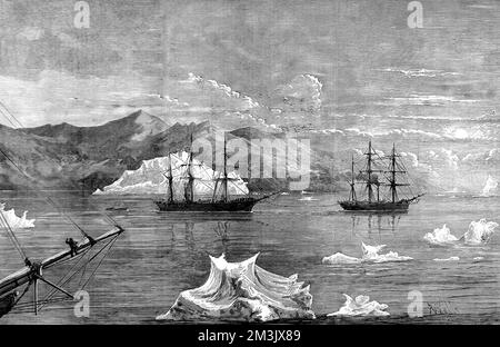 HMS "Alert" rimorchiando HMS "Discovery" attraverso Icebergs, British Foto Stock