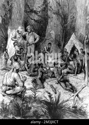 L'incontro di H.M. Stanley con i Forest Pygmies, Africa centrale. Foto Stock