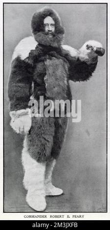 Robert E. Peary (1856 - 1920), comandante ed esploratore navale degli Stati Uniti, fotografato nella sua divisa Arctic Furs, 1909. Egli affermò di essere il primo uomo a raggiungere il Polo Nord, il 6th aprile 1909. Foto Stock