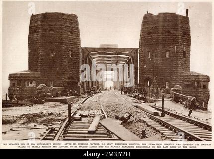 Ludendorff Bridge a Remagen; seconda guerra mondiale, 1945. Foto Stock