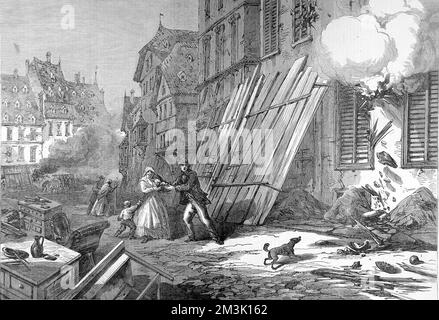 Tra il 4th e il 6th 1870 agosto il principe ereditario Federico di Prussia sconfisse il maresciallo francese MacMahon a Worth e Weissenburg, allontanandolo dall'Alsazia e circondando Strasburgo. Questa scena a Strasburgo di edifici danneggiati e famiglie sotto il fuoco cattura vividamente l'impatto della guerra sulla gente comune. Data: 1870 Foto Stock