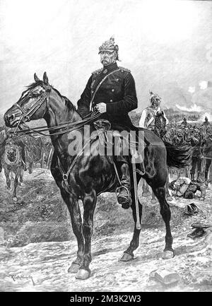 Otto Edward Leopold von Bismarck, duca di Lauenburg (1815 - 1898), statista prusso-tedesca e primo cancelliere dell'Impero tedesco, raffigurato a cavallo nella Battaglia di Sedan. 1870 Foto Stock