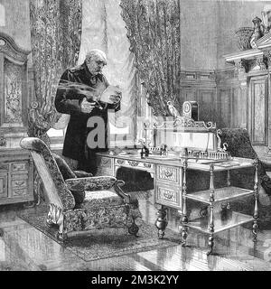 Otto Edward Leopold von Bismarck, duca di Lauenburg (1815 - 1898), statista prusso-tedesca e primo cancelliere dell'Impero tedesco, raffigurato nel suo studio. 1882 Foto Stock