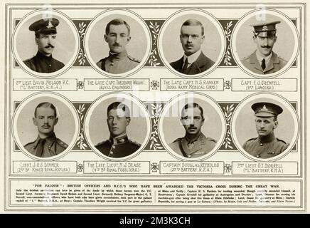 Ufficiali britannici e N.C.o's, che sono stati insigniti di Victoria Cross durante la prima guerra mondiale: Dall'alto a sinistra: 2nd Lieut David Nelson V.C. ('L' Battery, R.H.A); Capt Theodore Wright. (Ingegneri reali); Capt H.S. Ranken (Royal Army Medical Corps); Capt F.O. Grenfell (9th Lancers); Lieut J.H.S. Dimmer (2nd BN King's Royal Rifles); Lieut M.J. Dease (4th BN Royal Fusiliers); Capt Douglas Reynolds (37th batteria, R.F.A); 2nd Lieut G.T. Dorrell ('L' Battery, R.H.A.) 1914 Foto Stock