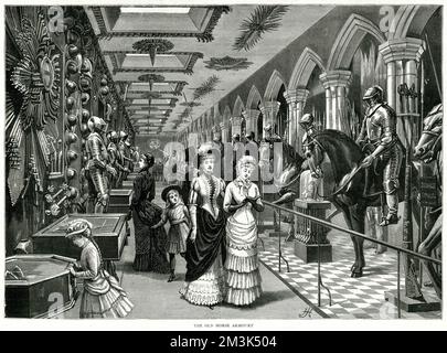 Molti visitatori ammirando l'Armeria Old Horse nella Torre di Londra, Data: 1885 Foto Stock