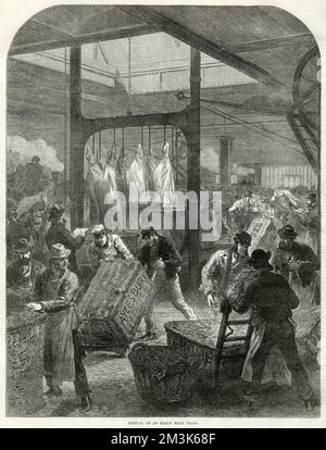 Arrivo della carne allo Smithfield Meat Market, Londra 1870 Foto Stock