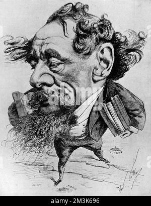 Charles Dickens (1812 - 1870), scrittore inglese, prodotto dall'artista francese Andre Gill, pubblicato per la prima volta nel 1868. Foto Stock