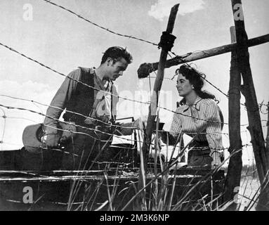 Un film ancora di James Dean ed Elizabeth Taylor in 'Giant.' Questo fu l'ultimo film in cui James Dean apparve prima della sua morte. Data: 19th dicembre 1956, P700 Foto Stock