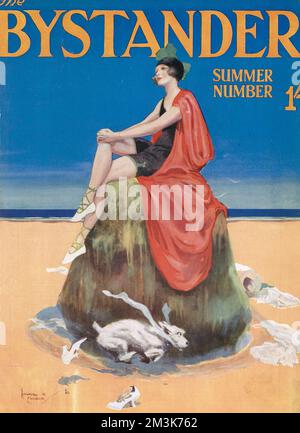 Il design della copertina di Howard K. Elcock mostra una giovane donna vestita con costume da bagno, cappello e mantello, sedette sognatamente su una roccia su una spiaggia mentre un piccolo cane corre in cerchio. Foto Stock
